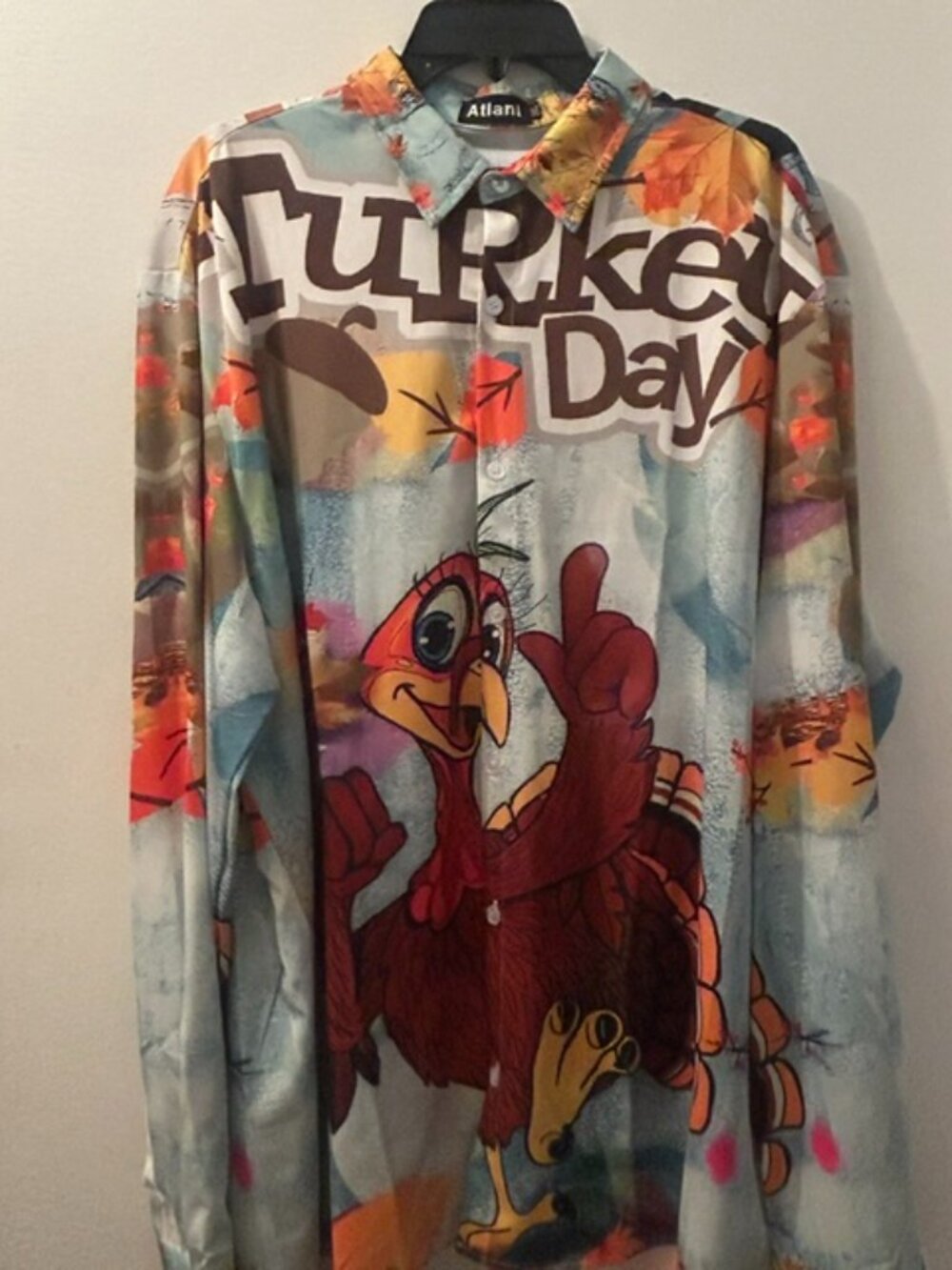 Atlanl  Happy Turkey Day Hawaiian Style Funny Turkey Print Button Up Shirt  NEW